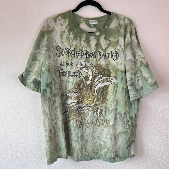 Vintage 90s World Issue Tie Dye Fish T Shirt size XXL Tee 1996 RARE Green Hippie - Picture 1 of 10